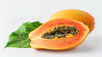 Half a ripe papaya with seeds and a whole papaya with a green leaf