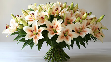 .A graceful bouquet of fresh lilies in soft white and pink tones, with long, elegant stems and lush green leaves.