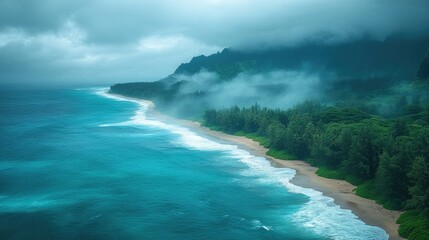 Poster - Misty mountains and a sandy beach along the coast of a tropical island.