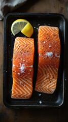 Two raw salmon fillets seasoned with salt and pepper on a baking sheet with a lemon wedge.