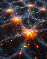 Poster - A captivating close-up of an abstract digital network, showcasing glowing orange nodes interconnected by intricate web-like structures. The scene exudes a high-tech and futuristic vibe.