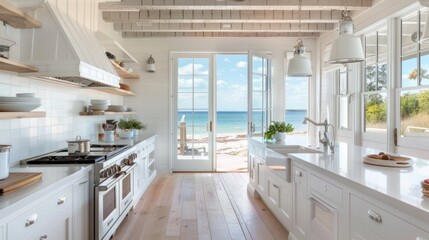 Wall Mural - White Kitchen with Ocean View and Exposed Wooden Beams