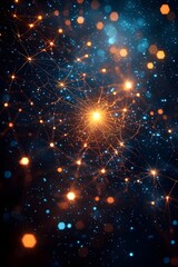 Poster - A stunning abstract representation of a digital network, showcasing vibrant glowing nodes interconnected by delicate lines against a cosmic blue background.