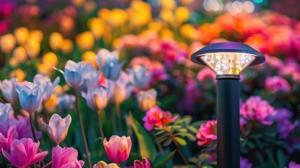 Wall Mural - Illuminated Garden Path with Blooming Tulips