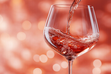 Refreshing rosé wine being poured into a crystal glass against a vibrant bokeh background. Generative AI