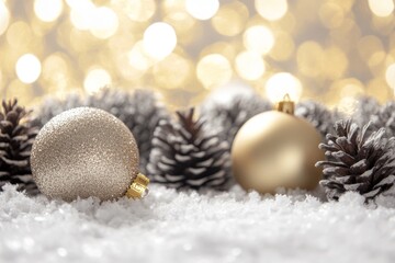 Canvas Print - Holiday background with snow, fir tree, and decorations with christmas lights behind. A white and golden Christmas ball on a festive winter background.