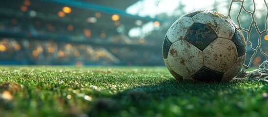 Close-up of a muddy soccer ball in the goal net on a green grass field with the stadium in the background.
