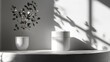 © BloomArt - White minimalist jar with plant on white background with sunlight.
