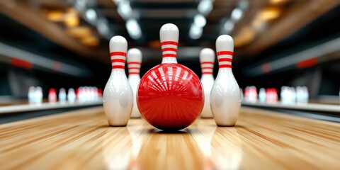 Close-up view of a vibrant red bowling ball ready to strike white pins on a glossy lane, highlighting the excitement of a bowling game.