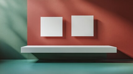 Minimalist interior with two blank square canvases hanging on red wall and a white shelf.