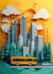 Poster - A paper cut-out style cityscape with a yellow bus and a white car driving through a forest.
