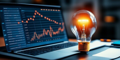 Wall Mural - a glowing light bulb next to a laptop displaying economic graphs, symbolizing innovation and technol
