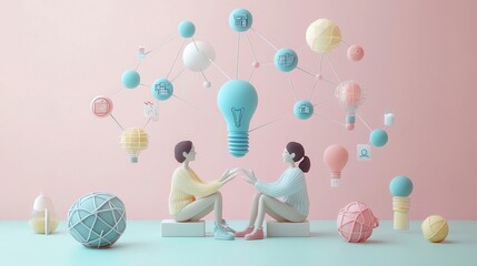 creative collaboration concept featuring two characters sharing ideas with interconnected icons around them; soft pink, blue, and mint green tones on a neutral background