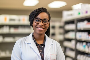 Wall Mural - Portrait of a smiling female pharmacist in pharmacy