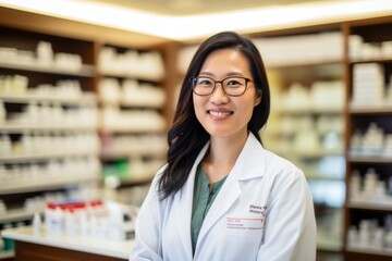 Wall Mural - Portrait of a smiling female pharmacist in pharmacy