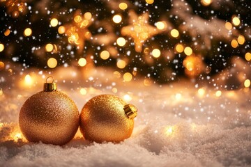 Canvas Print - Winter festive background with gold balls and snowflakes on a winter holiday background with snow, fir tree, and decorations.