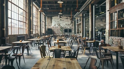 Wall Mural - Empty Wooden Tables and Metal Chairs in an Industrial Restaurant