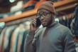 © DELVIT - black Business owner on the phone while managing inventory in the background, multitasking and connecting with customers, professional yet authentic atmosphere