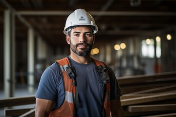 Portrait of a Hispanic construction worker inside of unfinished building