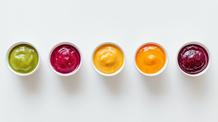 Colorful baby food mockup with five vibrant flavors arranged neatly on a white background for a fresh and appealing presentation