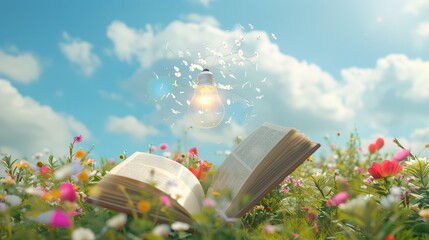 Wall Mural - open book in a field of flowers with a glowing lightbulb and flying petals