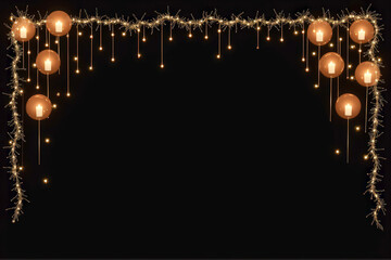 Christmas yellow decoration on a black background, balloons, garland, lights, minimalism