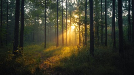  A serene forest scene with sunlight filtering through trees, creating a tranquil atmosphere.