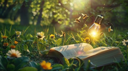 Wall Mural - illuminated book in a field of flowers with bees flying around a lightbulb