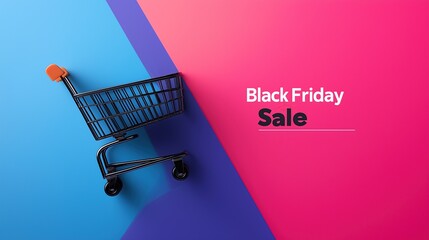 shopping cart with Black Friday Sale Text elegantly scripted above, set against a vibrant background, Minimalist design