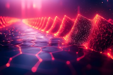 Poster - A vibrant, futuristic landscape featuring glowing red and purple geometric shapes that resemble a digital wave, surrounded by a hexagonal grid pattern, creating a tech-inspired ambience.