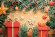 © DELVIT - Holiday illustration in a paper art style, with layered paper-like textures in the shapes of gifts, stars, and holiday greenery, warm colors and cozy, hand-crafted feel, charming and folksy