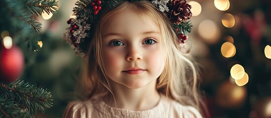 Poster - Girl child in a Christmas setting Focus on selective details Holiday. with copy space image. Place for adding text or design