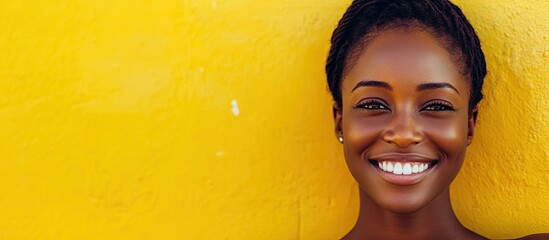 Aufkleber - Close up portrait of an African woman smiling against a yellow wall. with copy space image. Place for adding text or design