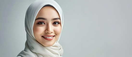 Poster - Portrait of a beautiful young Asian Muslim woman smiling in her headscarf Pearl From The East Joyful Muslim woman in hijab Contemporary fashionable and cheerful Muslim woman with a headscarf