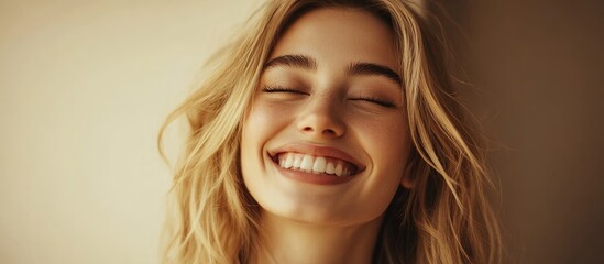 Poster - beautiful young girl smiling and looking charming blond woman laughing and observing. with copy space image. Place for adding text or design
