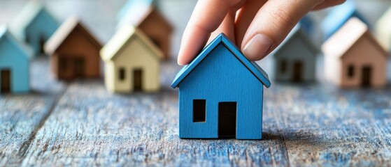 A hand places a blue miniature house among various other small houses on a wooden surface.