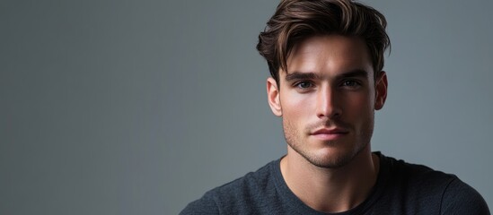 Poster - A portrait of a man with a gray studio background. with copy space image. Place for adding text or design