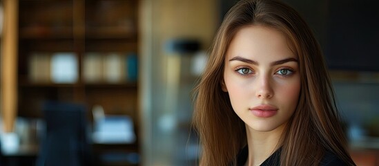 Poster - portrait of an attractive young woman in an office setting. with copy space image. Place for adding text or design