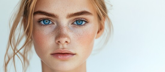 Poster - A young woman with blue eyes blonde hair and clear skin is looking at the camera against a white background. with copy space image. Place for adding text or design