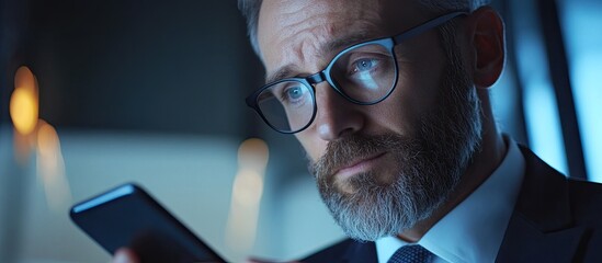 Poster - Close up view of a businessman reading a text message on his smartphone. with copy space image. Place for adding text or design