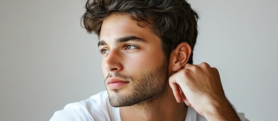 Poster - A handsome young man gazes thoughtfully to the side Studio shot. with copy space image. Place for adding text or design