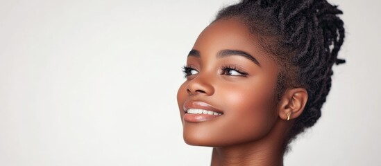 Poster - Portrait of a beautiful young African woman smiling while looking away against a white background. with copy space image. Place for adding text or design