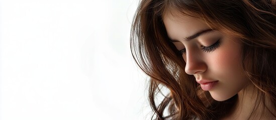 Poster - sad beautiful girl gazing down against a white background with copyspace