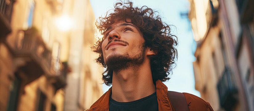 Young man experiencing the outdoors Joyful man with curly hair strolling through town. with copy space image. Place for adding text or design