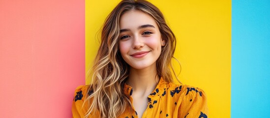 Poster - An attractive smiling young woman with dark blond hair is standing alone against a colorful background She is dressed in a stylish everyday outfit and is showing facial emotions while looking at th