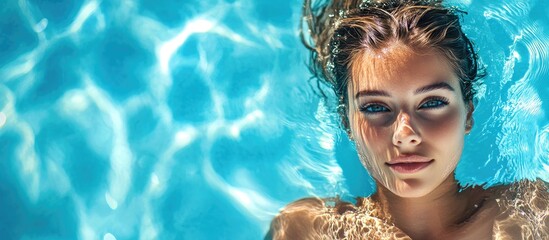 Poster - A very attractive young woman in the swimming pool. with copy space image. Place for adding text or design