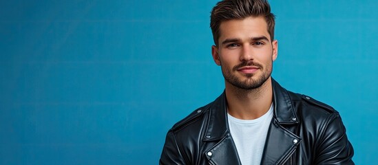 Poster - Attractive trendy young man with stubble wearing a black leather jacket and white t shirt poses for the camera against a blue studio background This reflects genuine emotions and lifestyle Mock up 