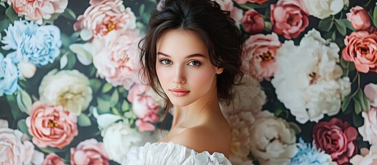 Poster - Full length portrait of an attractive young brunette woman in a studio against a floral wall backdrop. with copy space image. Place for adding text or design