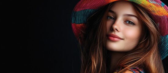 Poster - Joyful girl wearing a vibrant hat and having long brown hair Urban setting with a black backdrop. with copy space image. Place for adding text or design