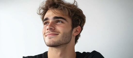 Poster - Close up portrait of a young man smiling and gazing off to the side against a white background. with copy space image. Place for adding text or design